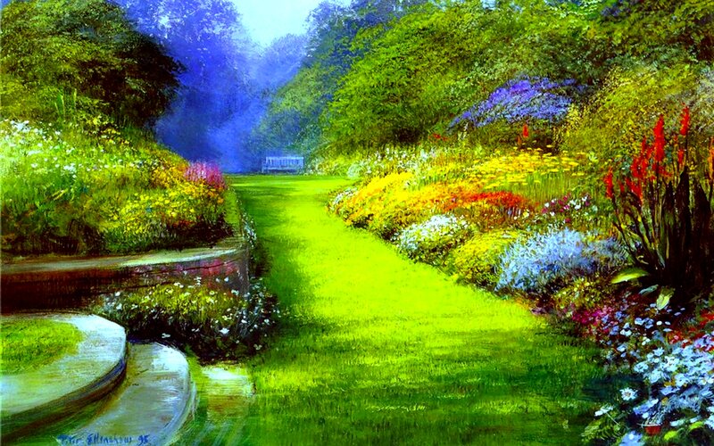 Garden Path with Flowers — Green, Serene, Afternoon, Painting, Trees