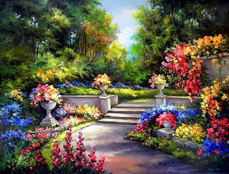 Garden Path with Flowers — Green, Serene, Afternoon, Painting, Vases