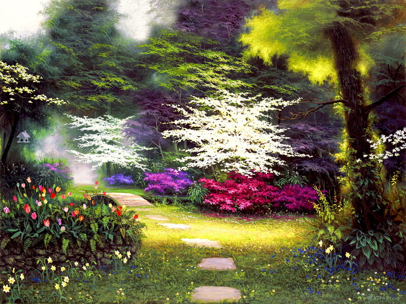 Garden Path with Flowers — Green, Serene, Morning, Painting