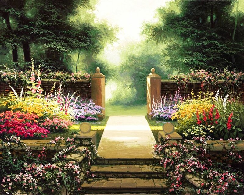 Garden Path with Flowers — Green, Serene, Morning, Painting, Trees