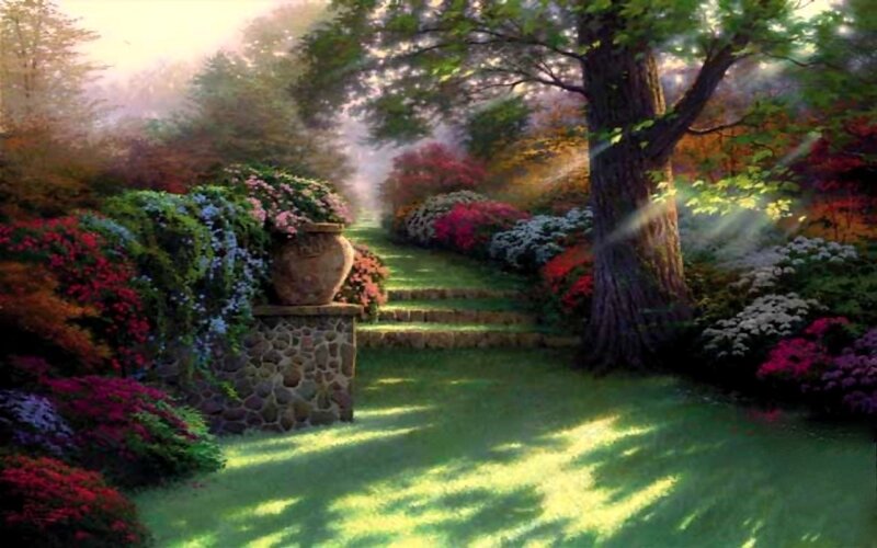Garden Path with Flowers — Green, Serene, Morning