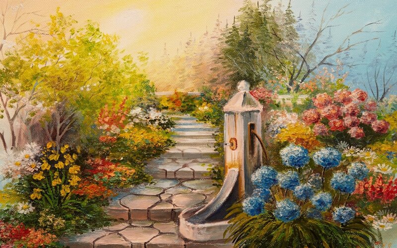 Garden Path with Fountain — Blue