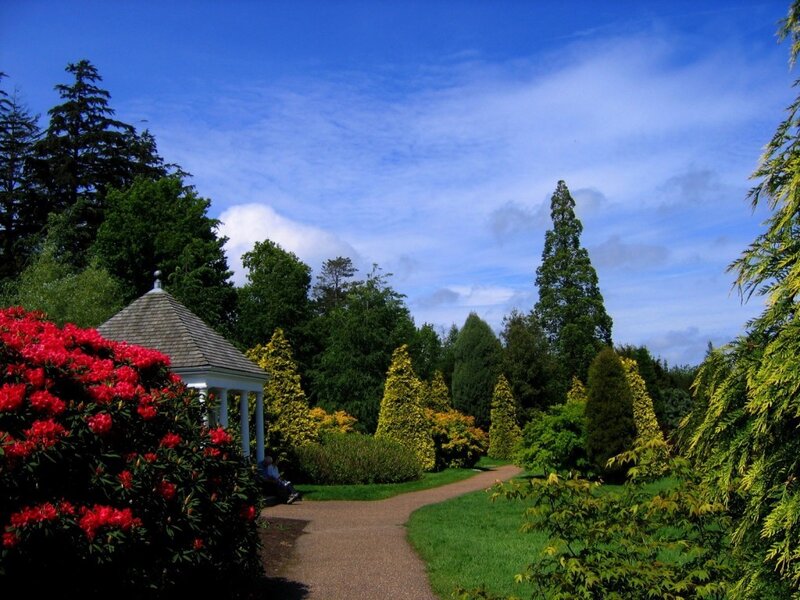 Garden path with gazebo and flowers