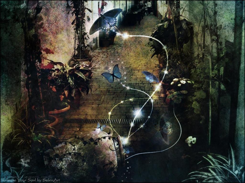Garden path with glowing butterflies