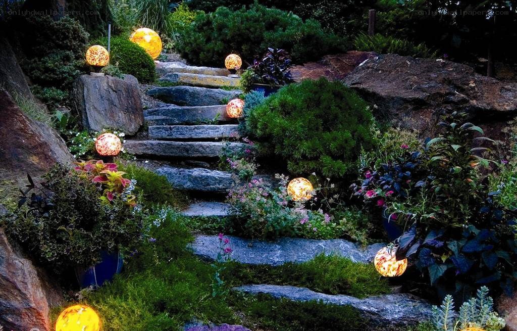 Garden path with glowing orbs