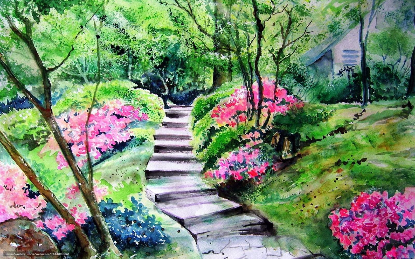 Garden path with pink flowers