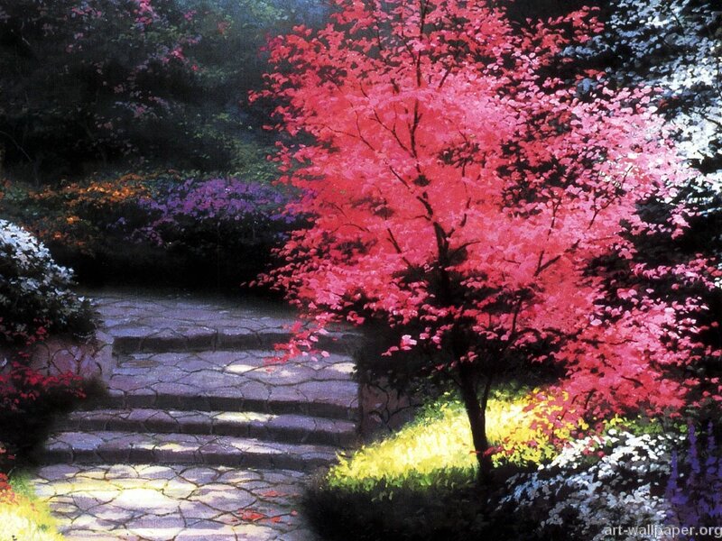 Garden path with red tree