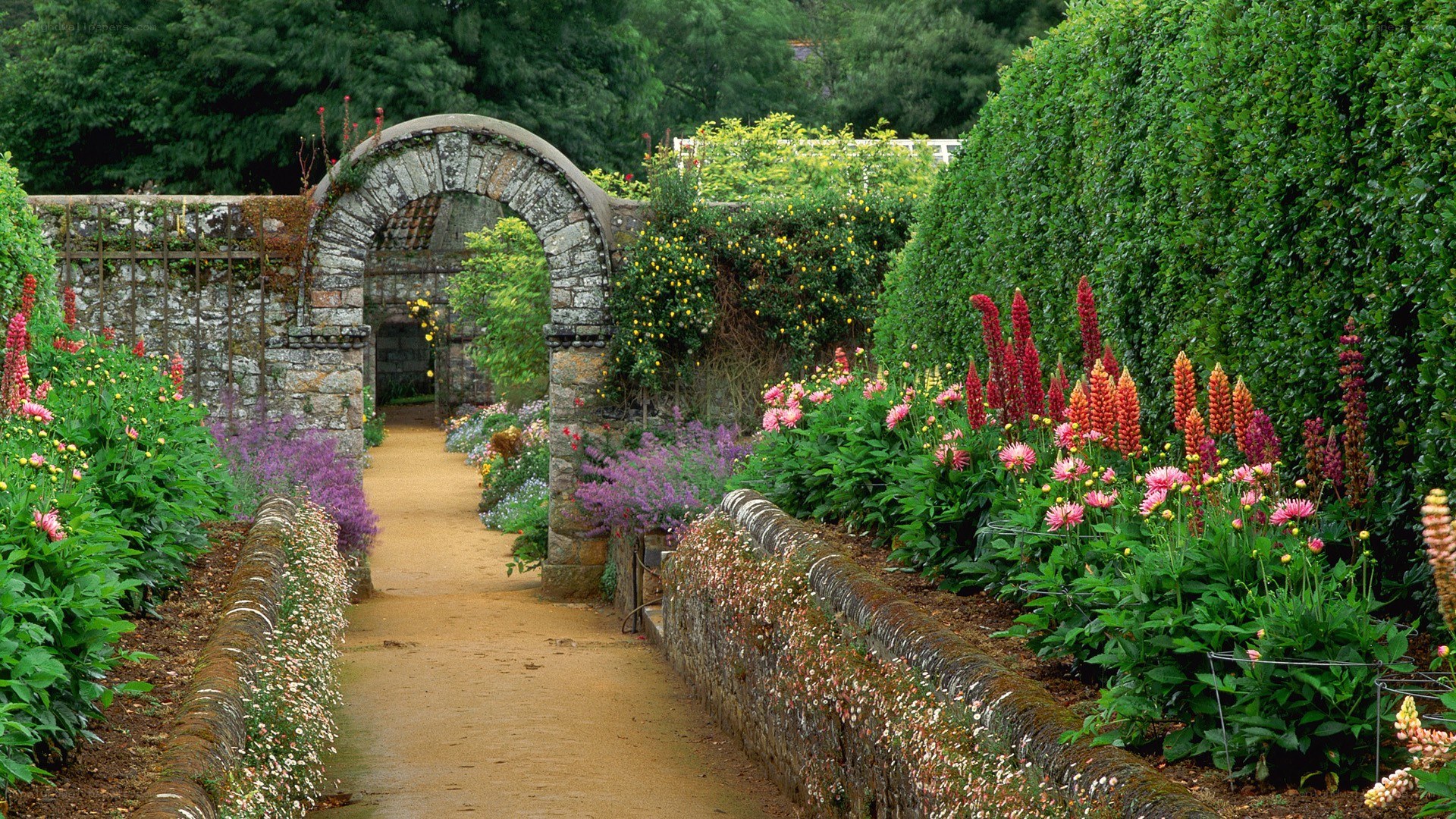 Garden path with stone arch