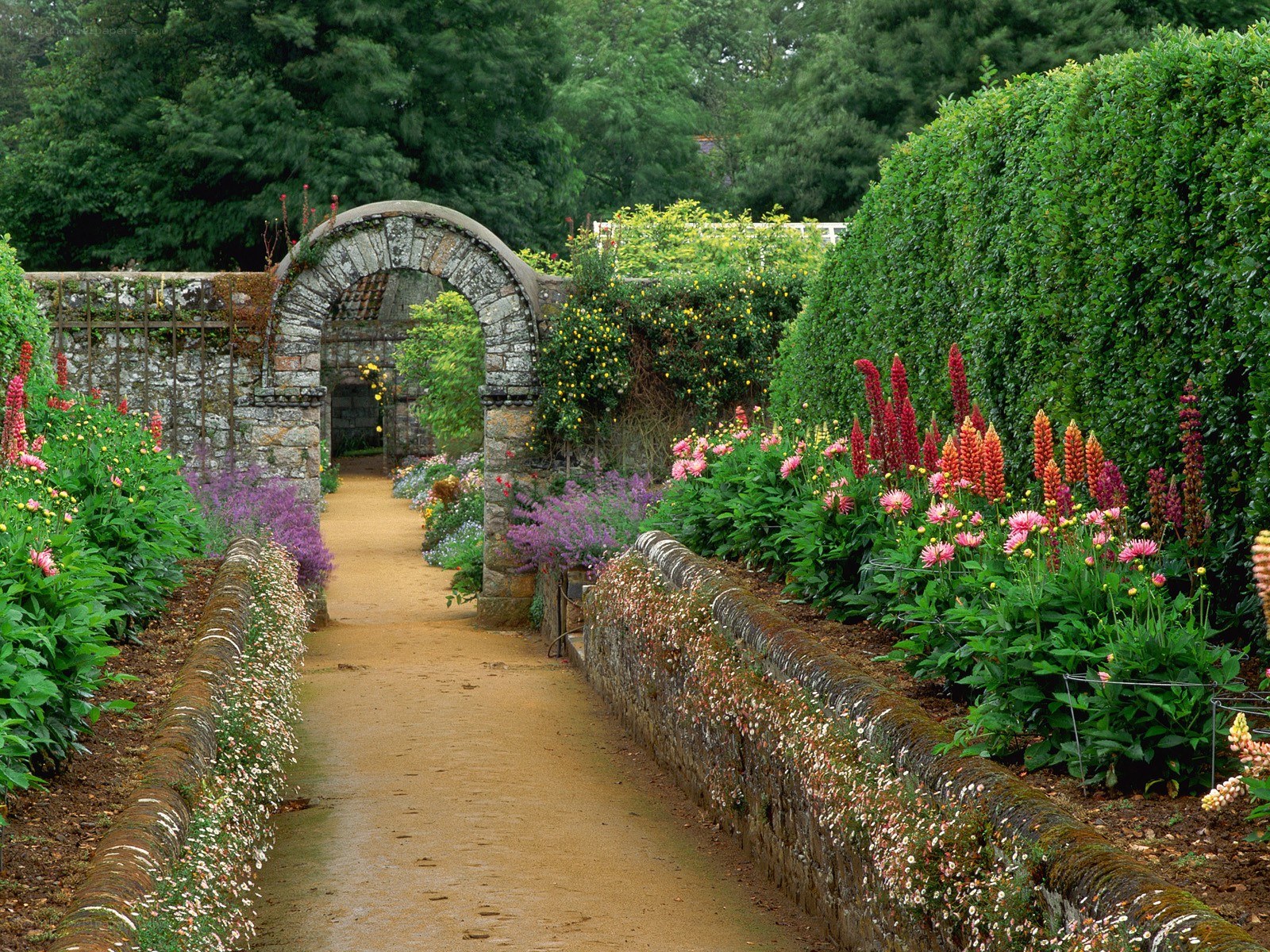 Garden path with stone arch