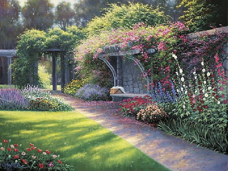 Garden path with stone bench