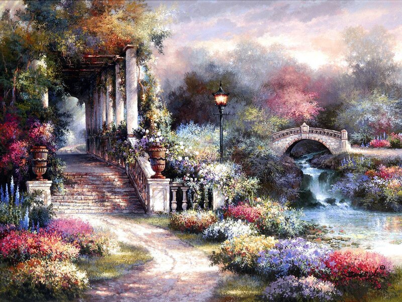 Garden path with stone bridge