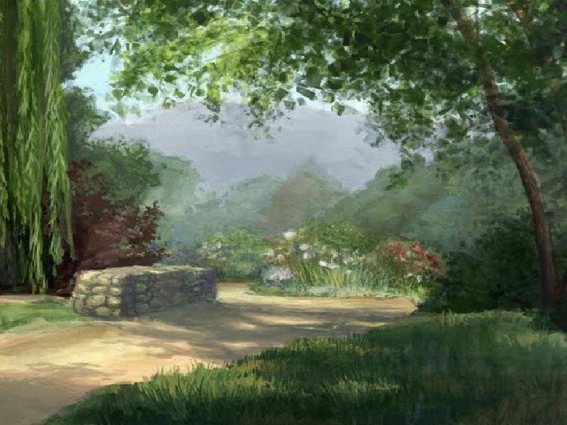 Garden path with stone wall