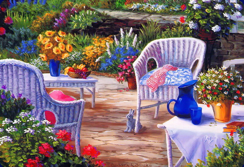 Garden Patio Scene — Blue, Serene