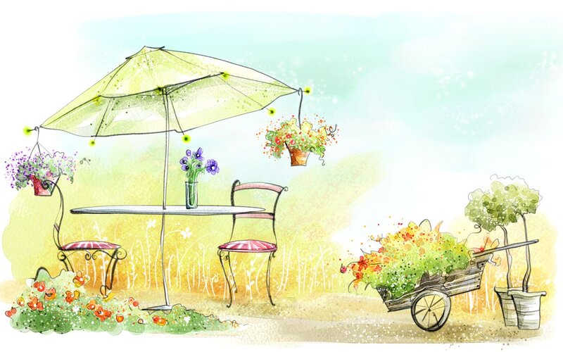 Garden Patio Scene — Green, Serene, Afternoon, Illustration, Umbrella