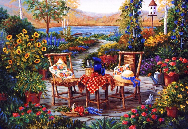 Garden Patio Scene — Green, Serene, Afternoon, Painting