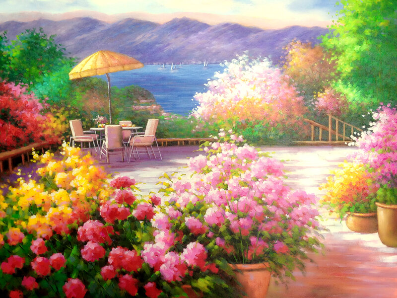 Garden Patio with Flowers — Pink