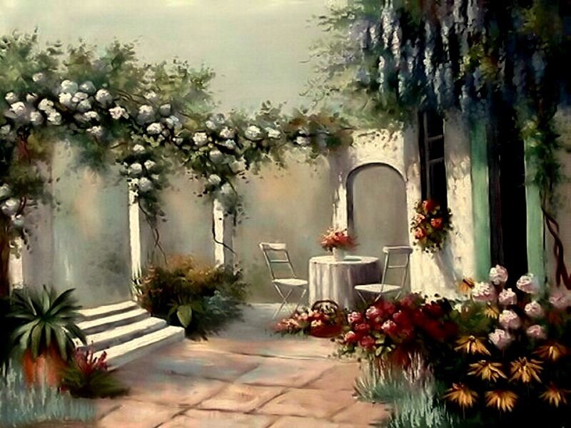 Garden patio with flowers