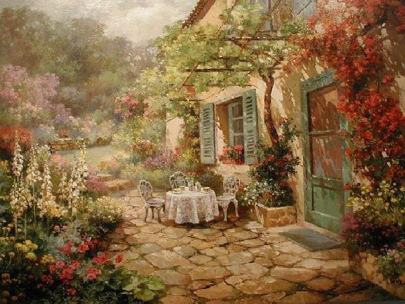 Garden patio with table and flowers