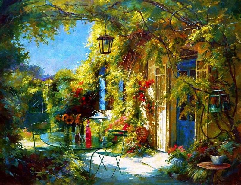 Garden Patio with Table — Green, Serene, Afternoon, Painting