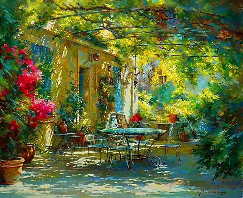 Garden Patio with Table — Green, Serene, Afternoon