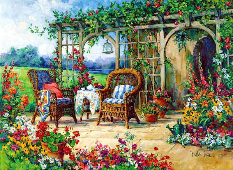 Garden Patio with Wicker Chairs — Green