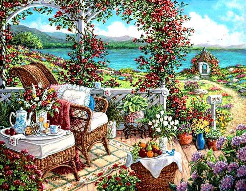 Garden Patio with Wicker Furniture — Green