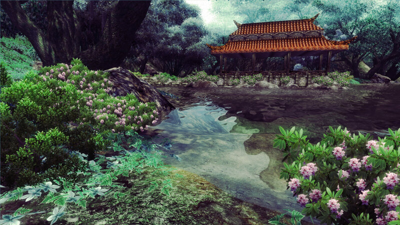 Garden pavilion by a stream
