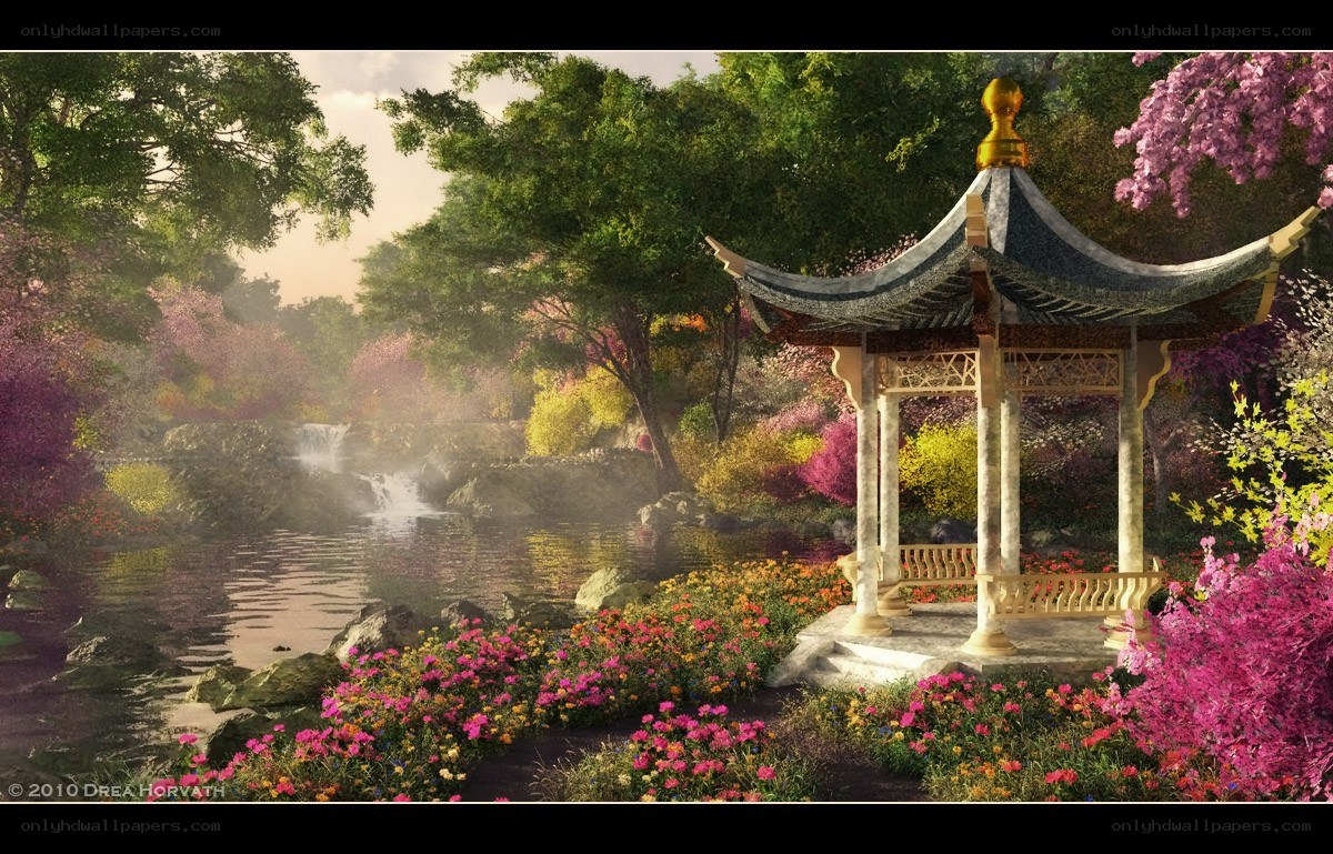 Garden pavilion by a waterfall