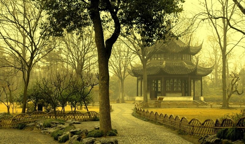Garden pavilion in mist
