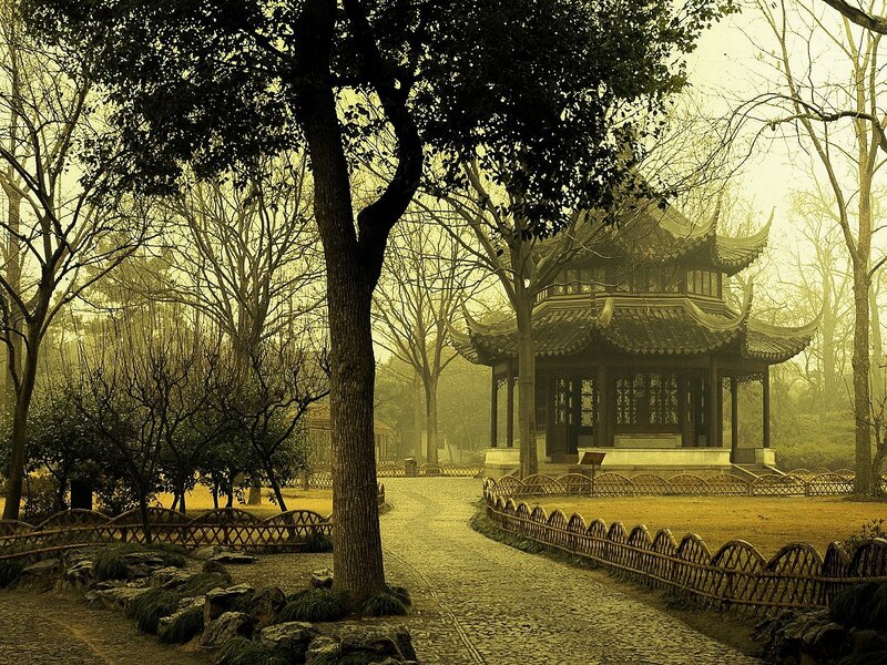Garden pavilion in mist