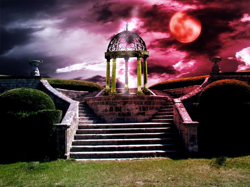 Garden pavilion under red moon