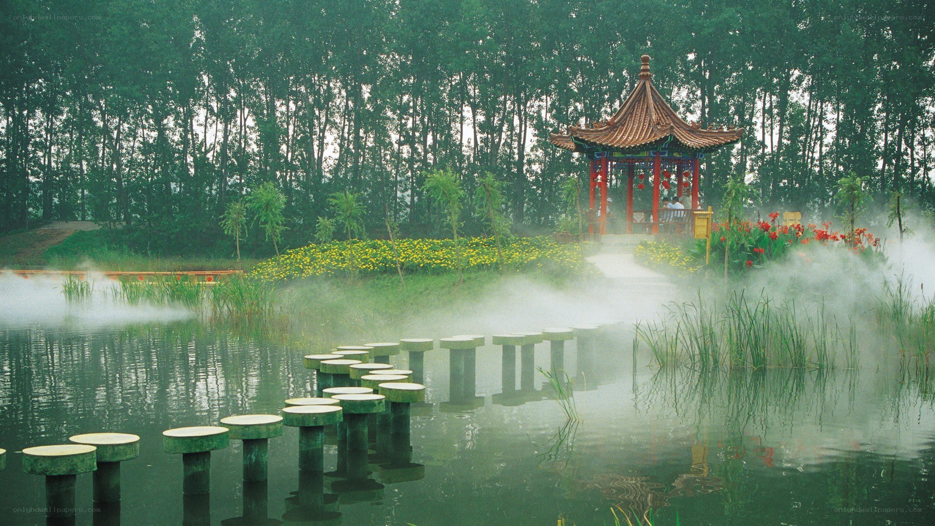 Garden pavilion with misty pond