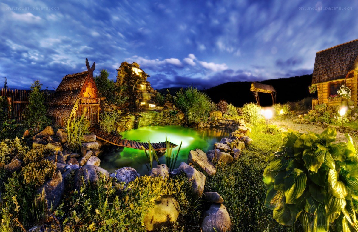 Garden pond at dusk