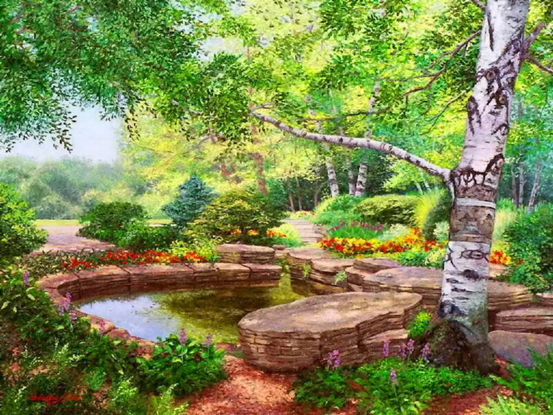 Garden Pond with Birch Tree — Green