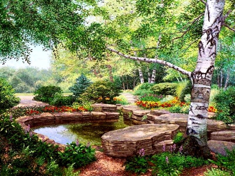Garden Pond with Birch Tree