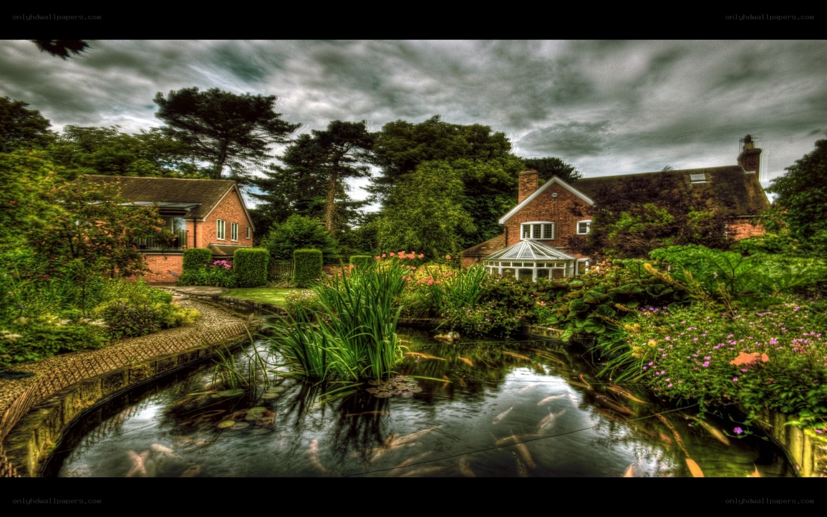 Garden pond with brick house