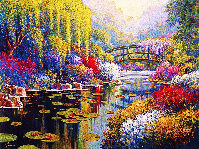 Garden Pond with Bridge — Green, Serene, Afternoon, Painting