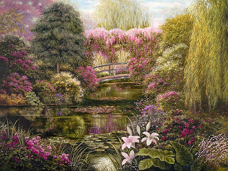 Garden Pond with Bridge — Green, Serene