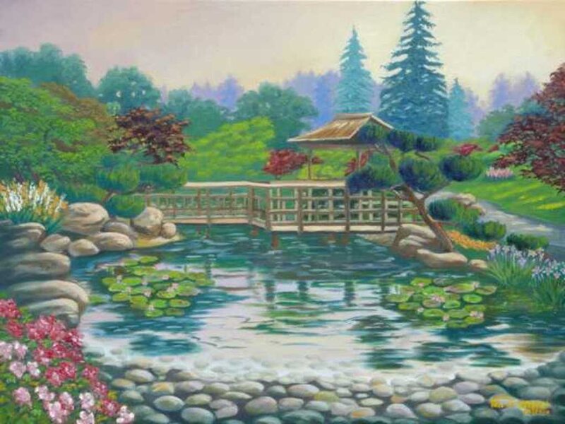 Garden Pond with Bridge — Green