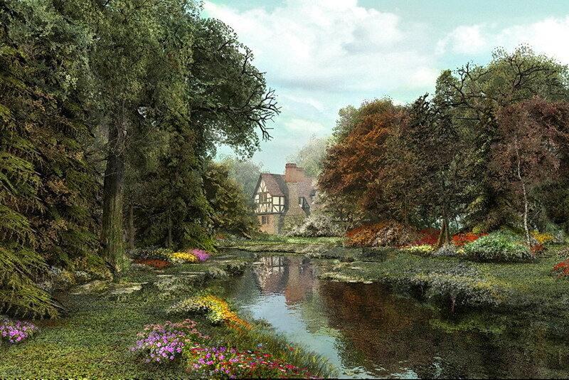 Garden pond with cottage