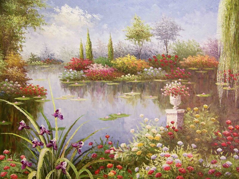 Garden Pond with Flowers — Green, Serene