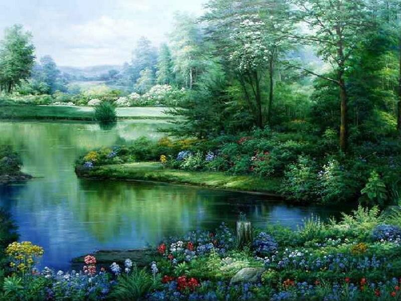 Garden Pond with Flowers — Green
