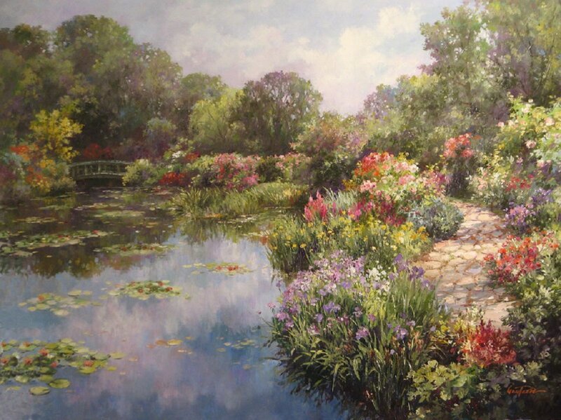 Garden Pond with Lilies — Green, Serene, Afternoon, Painting