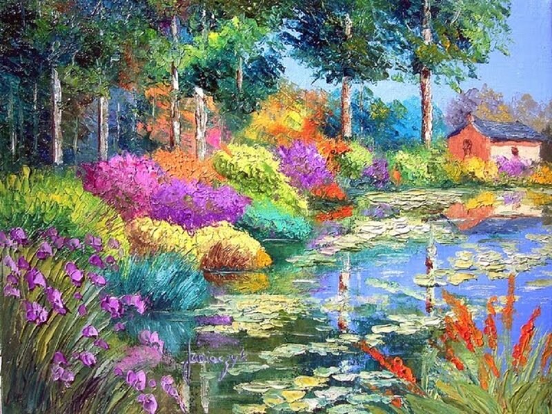 Garden Pond with Lilies — Green, Serene