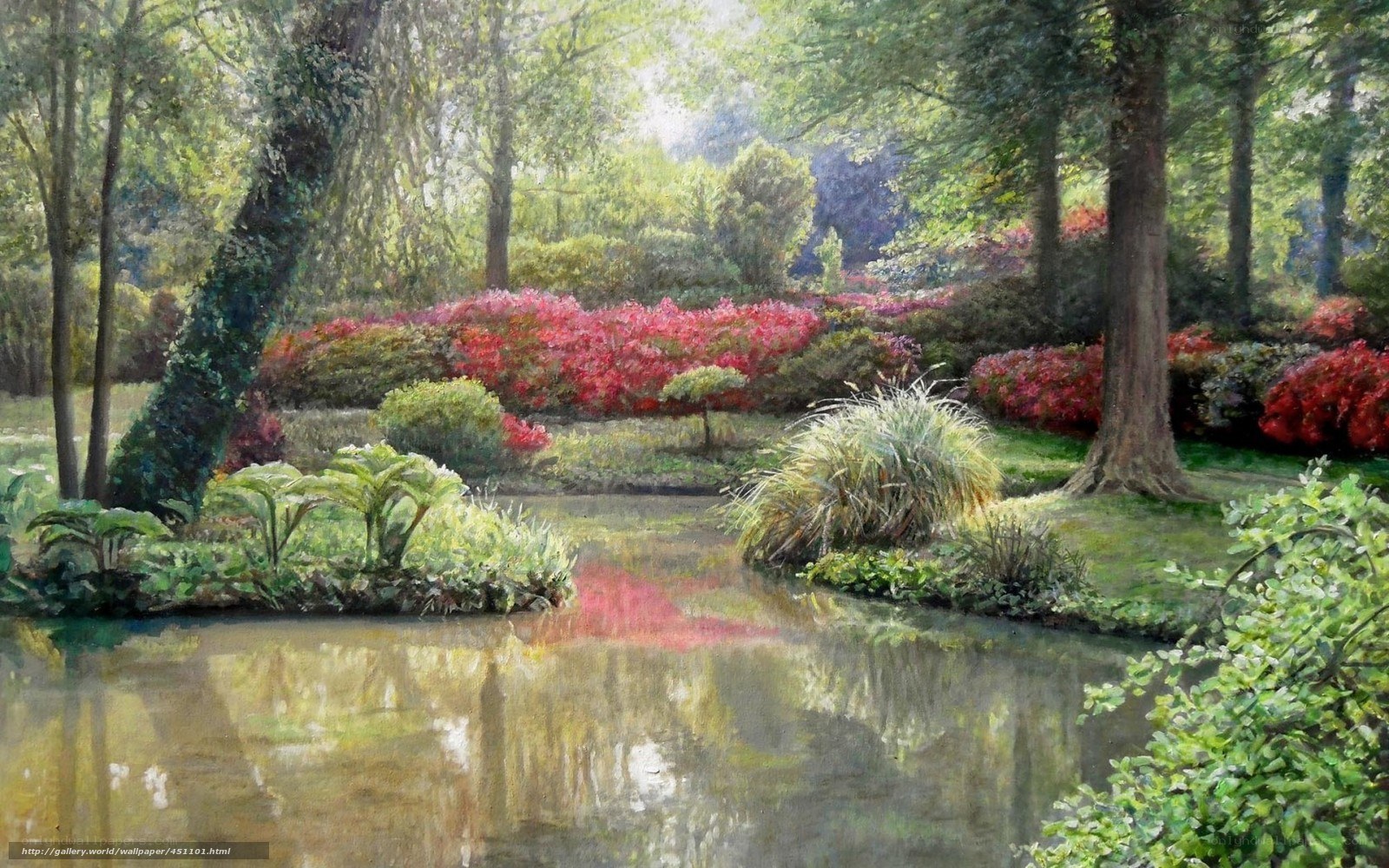 Garden pond with red flowers