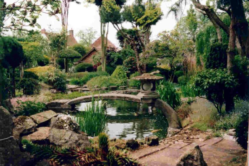 Garden Pond with Stone Bridge — Green, Serene