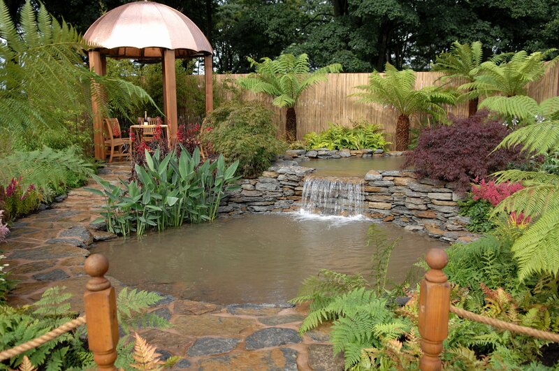 Garden pond with waterfall