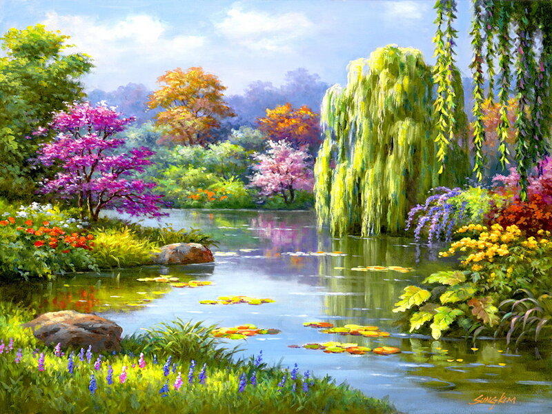 Garden Pond with Willow — Green