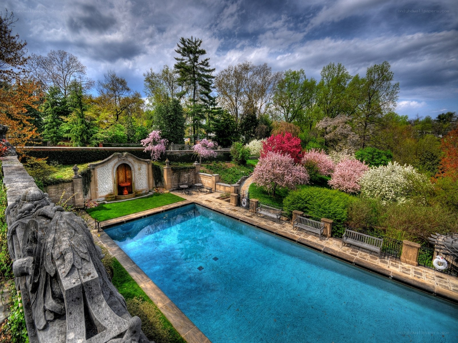 Garden pool with fountain