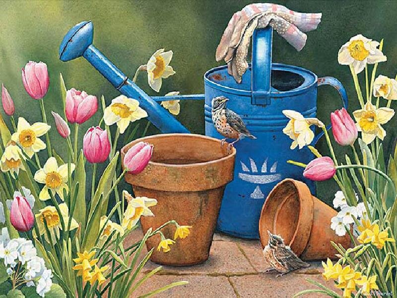 Garden scene with birds and flowers